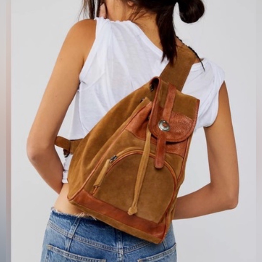 Free People Brown Suede Leather Crossbody Sling Bag